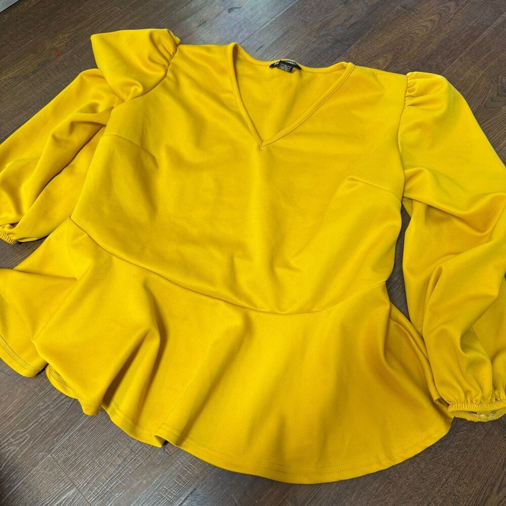 Ashley Stewart Mustard Yellow Peplum Blouse 18/20 | Puff Sleeve Game Day Chic - Picture 1 of 6